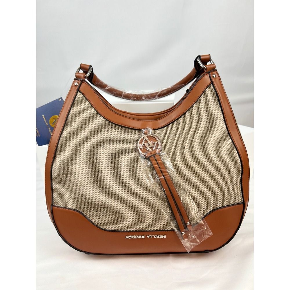 Adrienne Vittadini Burlap Top Zip Hobo Bag Purse Neutral Beige Brown‎